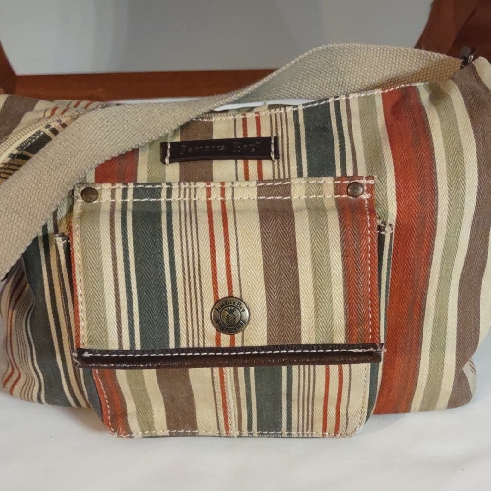 Jamaican Bay Chic Striped Canvas Shoulder Bag, Small Pen Marks On Inside In Pic